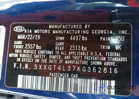 2019 Kia Optima Lx from USA, damaged, VIN 5XXGT4L37KG362816